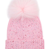Bari Lynn Fully Crystalized Hat With Fur Pom- Pink