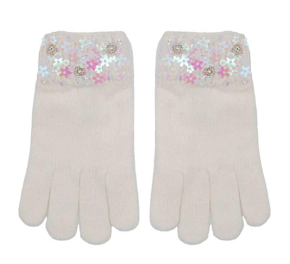 Bari Lynn White Sequin Flower Winter Gloves