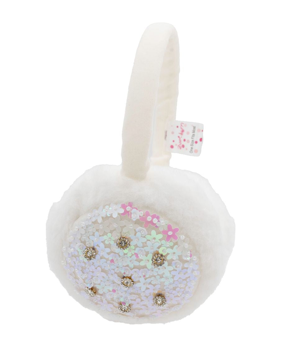 Bari Lynn White Sequin Flower Earmuffs