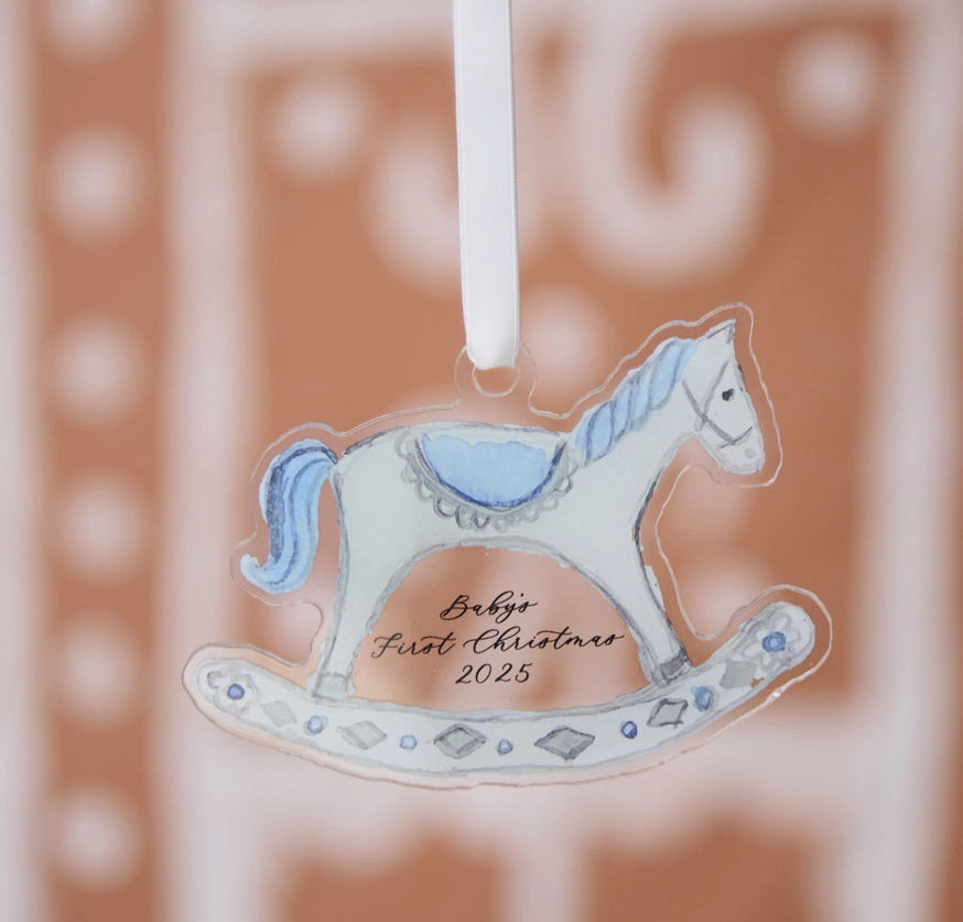 Over the Moon Baby's First Christmas Rocking Horse Ornament- Blue
