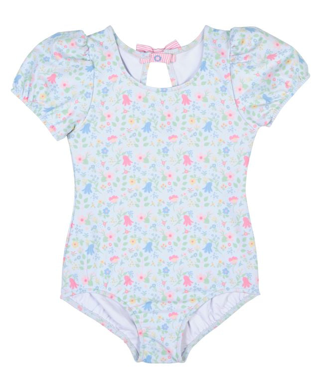 Florence Eiseman Floral Pink Swimsuit With Puff Sleeves