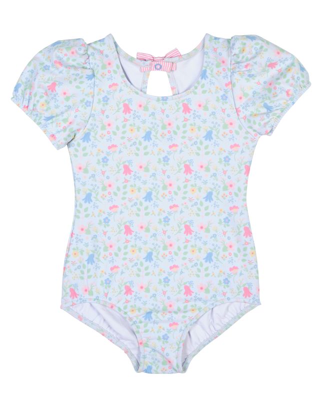 Florence Eiseman Floral Pink Swimsuit With Puff Sleeves