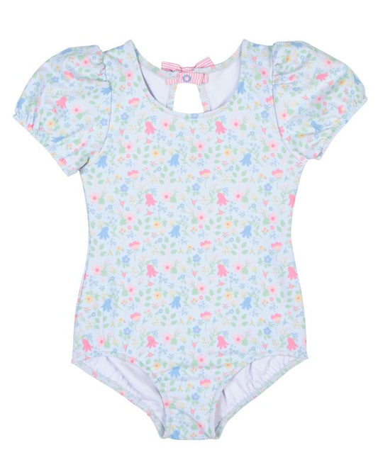 Florence Eiseman Floral Pink Swimsuit With Puff Sleeves