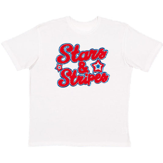 Sweet Wink Stars and Stripes Patch Adult Short Sleeve T-Shirt - White