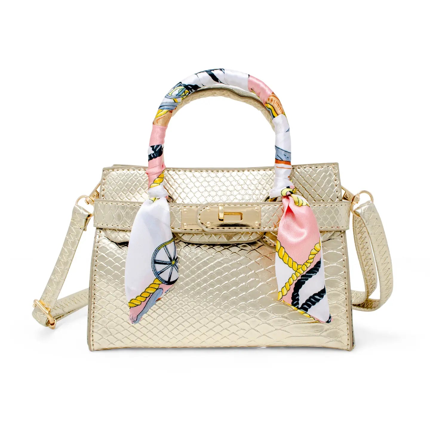 Patent  "Crocodile" Buckle Bag with Scarf - Gold