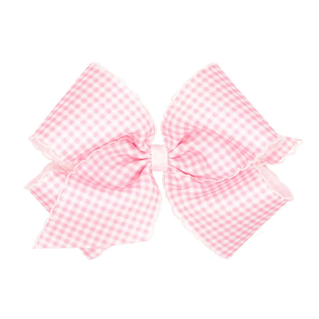 Wee Ones King Gingham Grosgrain Hair Bow with Moonstitch Edge- Pearl