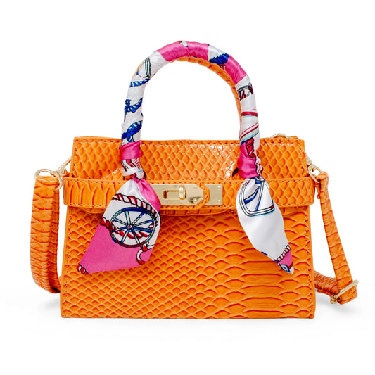 Patent  "Crocodile" Buckle Bag with Scarf - Orange