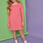 Bisby Long Sleeve T-Shirt Dress- Cambridge Crimson Stripe