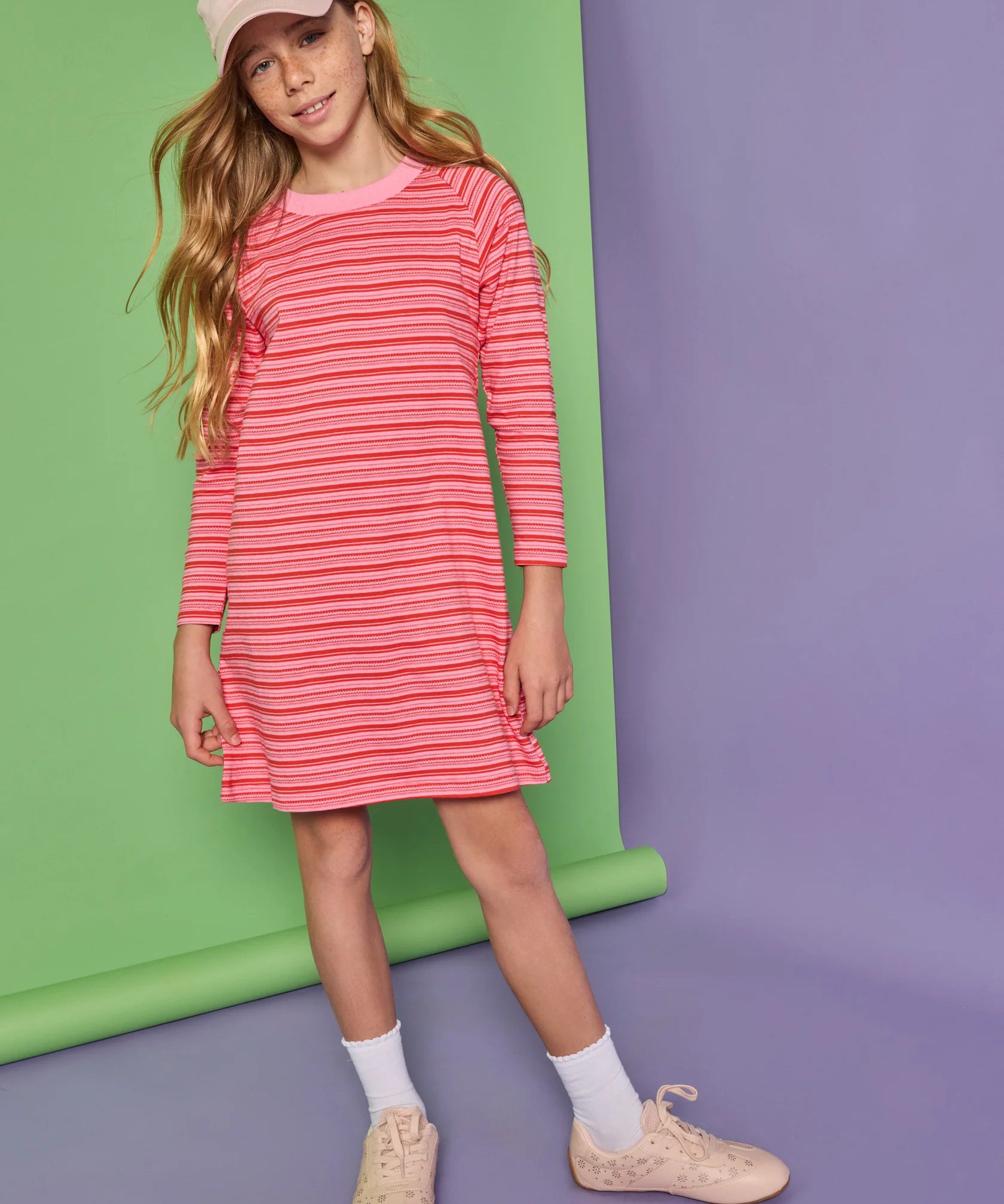 Bisby Long Sleeve T-Shirt Dress- Cambridge Crimson Stripe