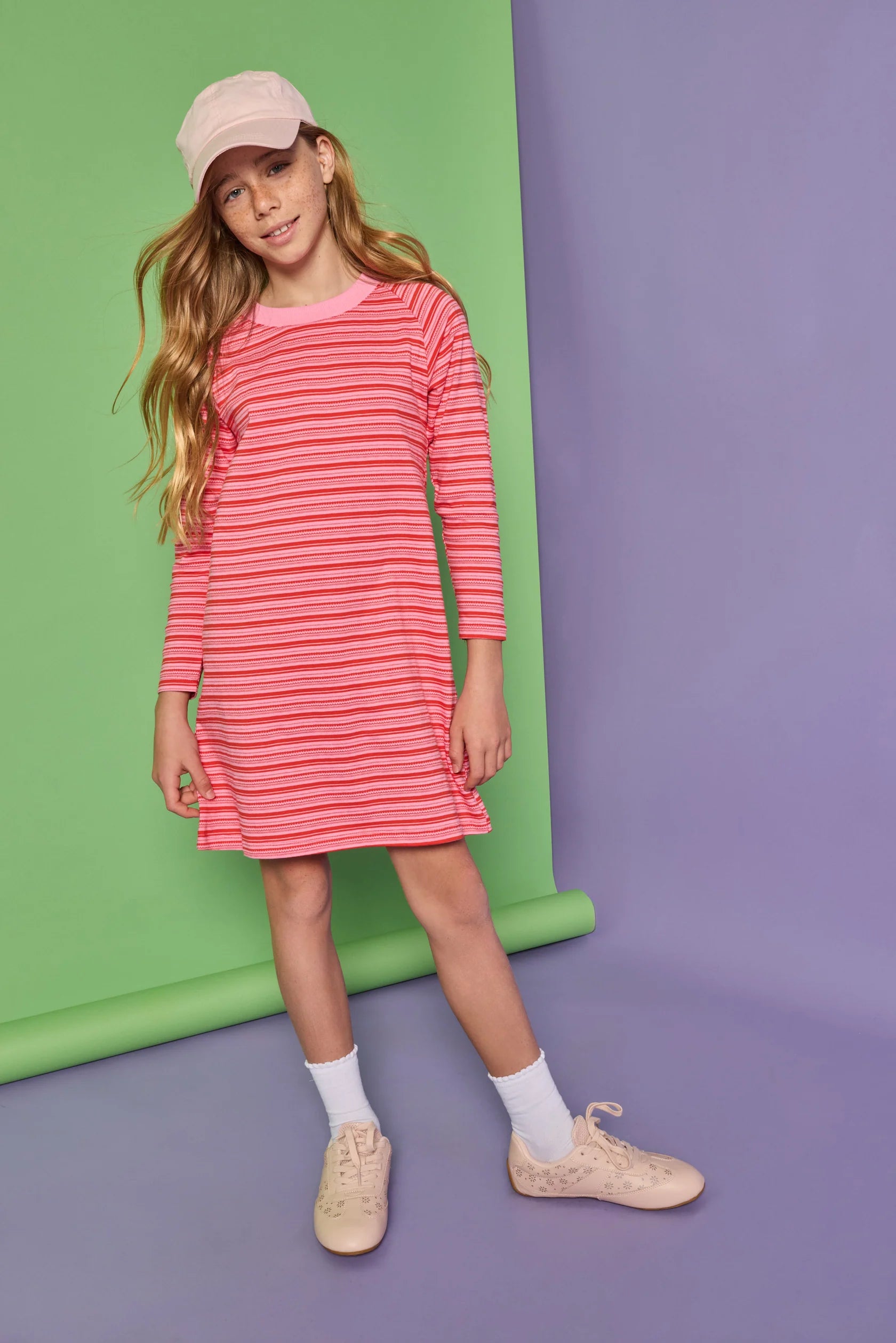 Bisby Long Sleeve T-Shirt Dress- Cambridge Crimson Stripe