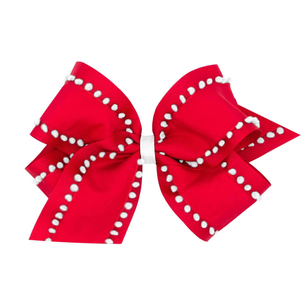 Wee Ones King Holiday Pom-Pom Edge Grosgrain Overlay Girls Hair Bow - Red with White