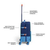 Blue suitcase with features labeled on a white background