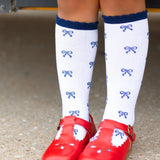 Navy Bow Scalloped Knee High Socks