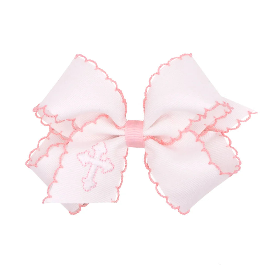 Wee Ones Medium White Grosgrain Hair Bow with Moonstitch Edge and Cross Embroidery- Pink