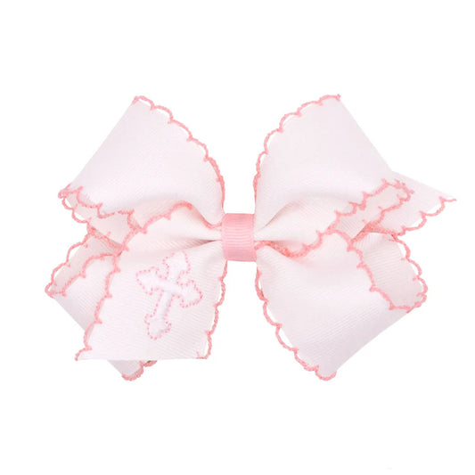 Wee Ones Medium White Grosgrain Hair Bow with Moonstitch Edge and Cross Embroidery- Pink