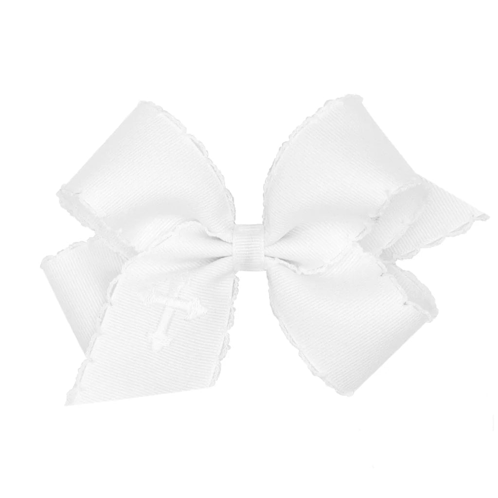 Wee Ones Medium White Grosgrain Hair Bow with Moonstitch Edge and Cross Embroidery