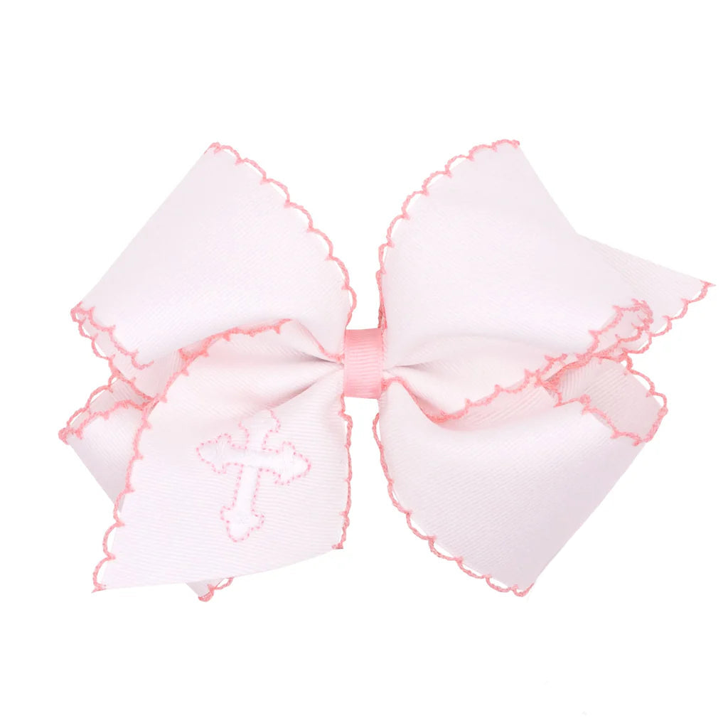 Wee Ones King White Grosgrain Hair Bow with Moonstitch Edge and Cross Embroidery- Light Pink