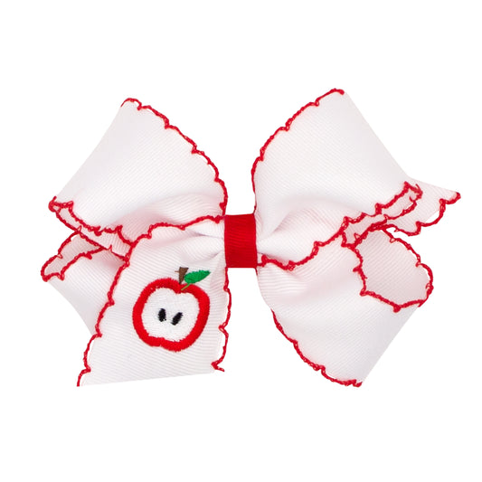 Wee Ones Medium Apple Embroidered Grosgrain Hair Bow with Moonstitch Edge - Navy