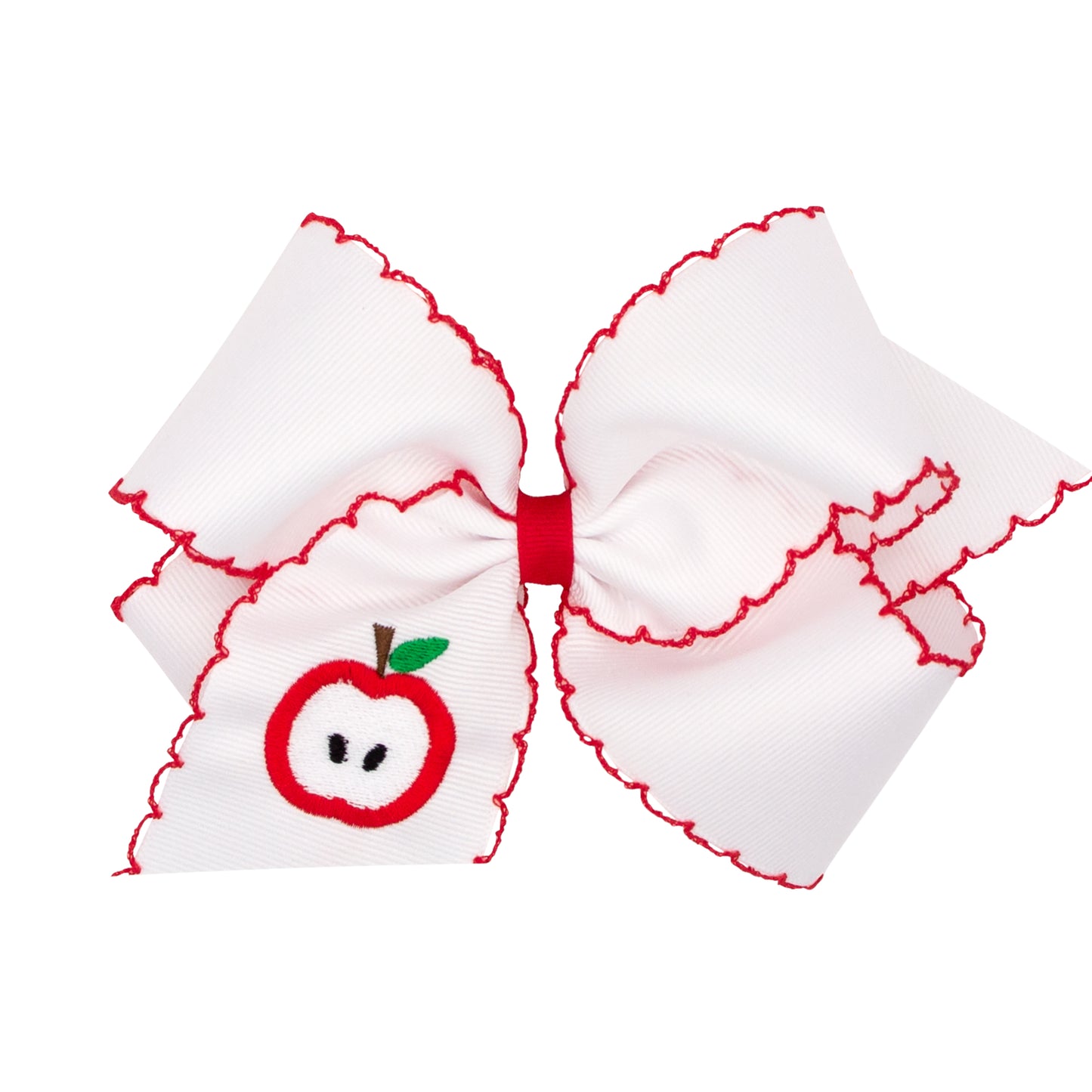King Apple Embroidered Grosgrain Hair Bow with Moonstitch Edge - White
