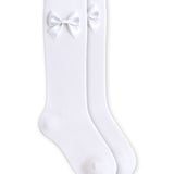Satin Bow Scalloped Top Cotton Knee High Socks - White