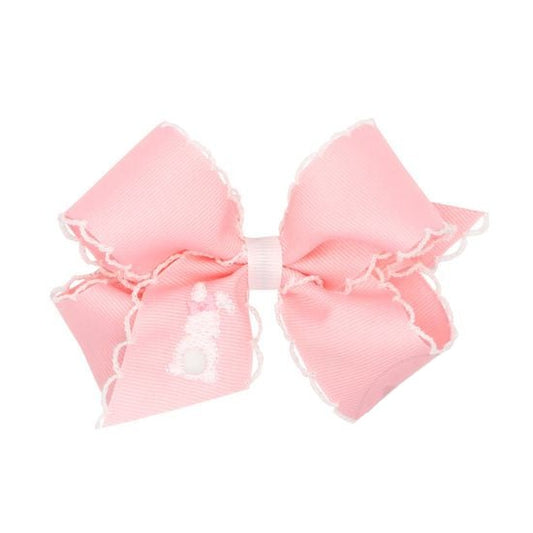 Wee Ones Medium Pink Grosgrain Bow With Moonstitch Edge- White Bunny