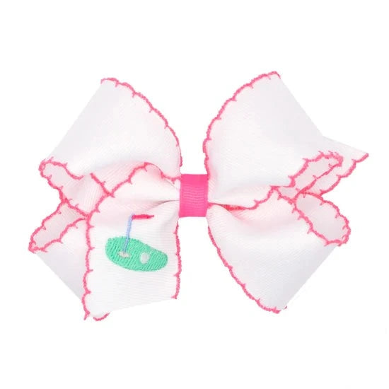 Wee Ones Medium Grosgrain Hair Bow With Moonstitch Edge- Golf Green