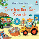 Book cover of 'Construction Site Sounds' by Usborne Sound Books with colorful illustrations of animals on a construction site.