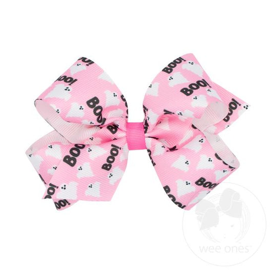 Wee Ones Medium Halloween Pink Boo Ghost Printed Bow