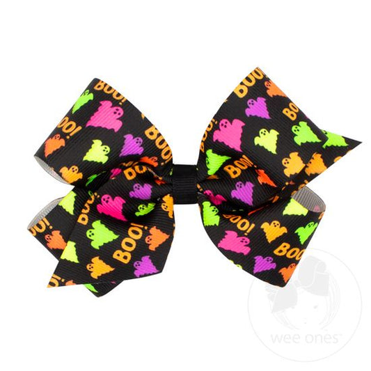 Wee Ones Medium Halloween Neon Boo Ghost Printed Bow