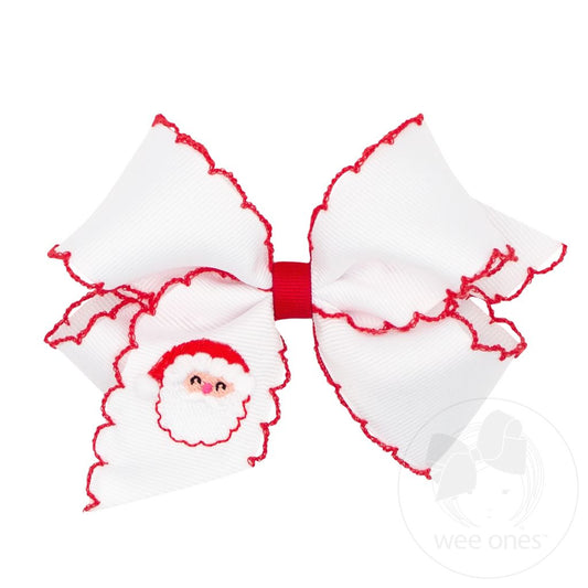 Wee Ones Medium Grosgrain Hair Bow with Moonstitch Edge - Santa Embroidery