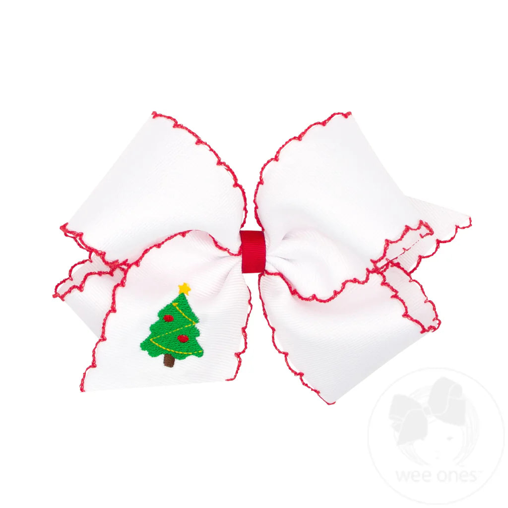 Wee Ones King White Grosgrain Hair Bow with Moonstitch Edge - Tree