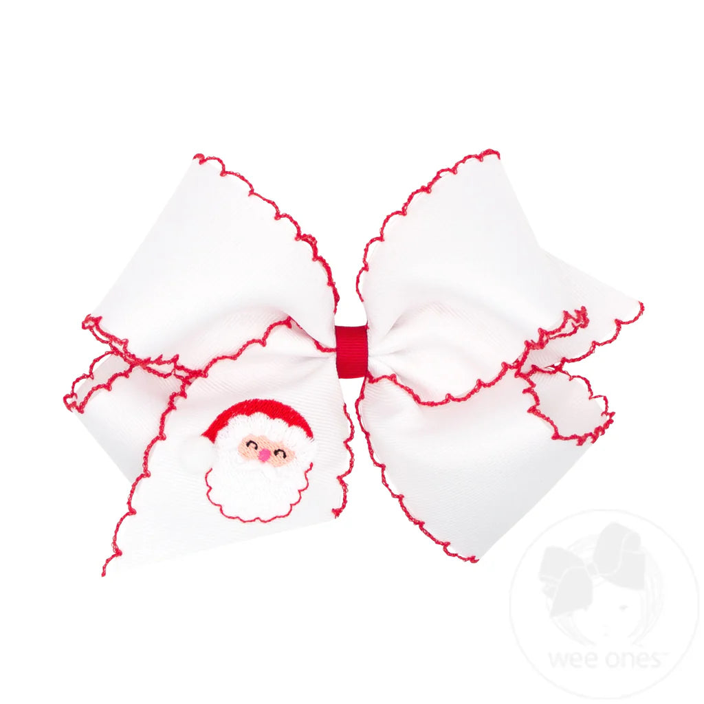 Wee Ones King White Grosgrain Hair Bow with Moonstitch Edge - Santa