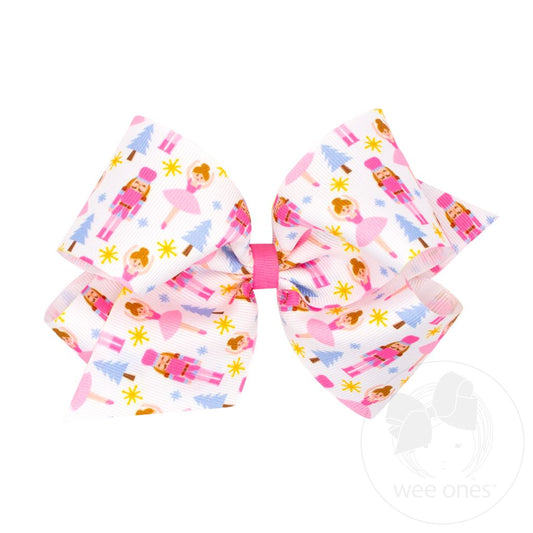 Wee Ones King Holiday Printed Hair Bow - Pink Nutcrackers