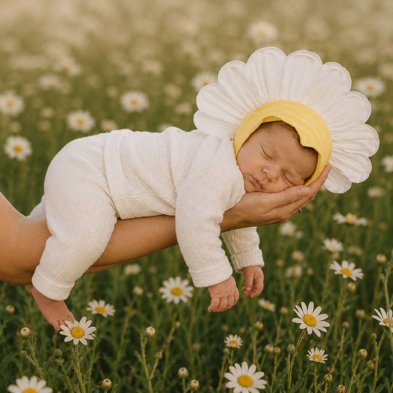 Baby in a white outfit and yellow flower hat held in a field of daisies
