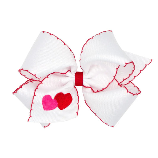 Wee Ones King Heart Embroidered Grosgrain Bow With Moonstitch Edge- White and Red