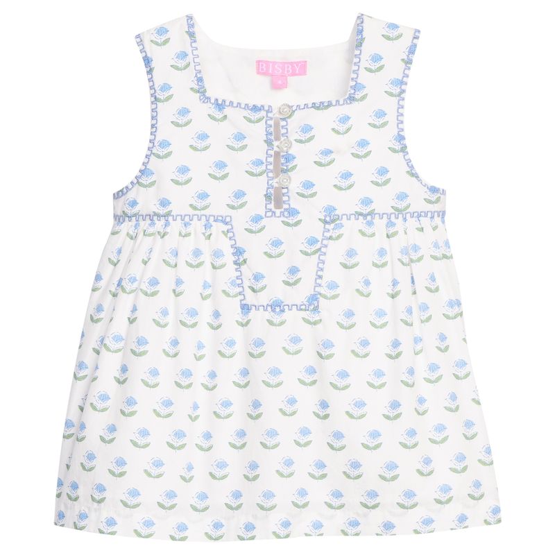 Bisby Keystone Top- Blue Tulip Block Print