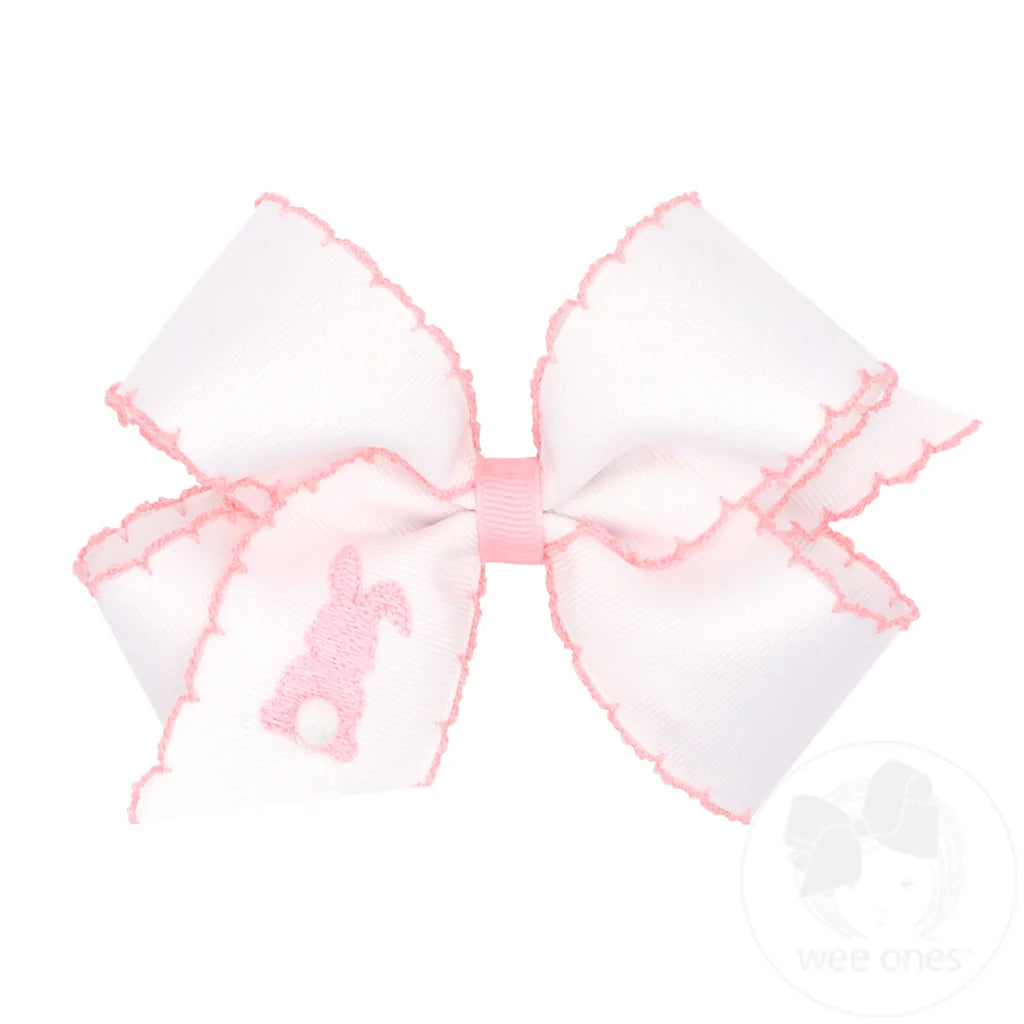 Medium White Grosgrain Bow With Moonstitch Edge - Pink Bunny