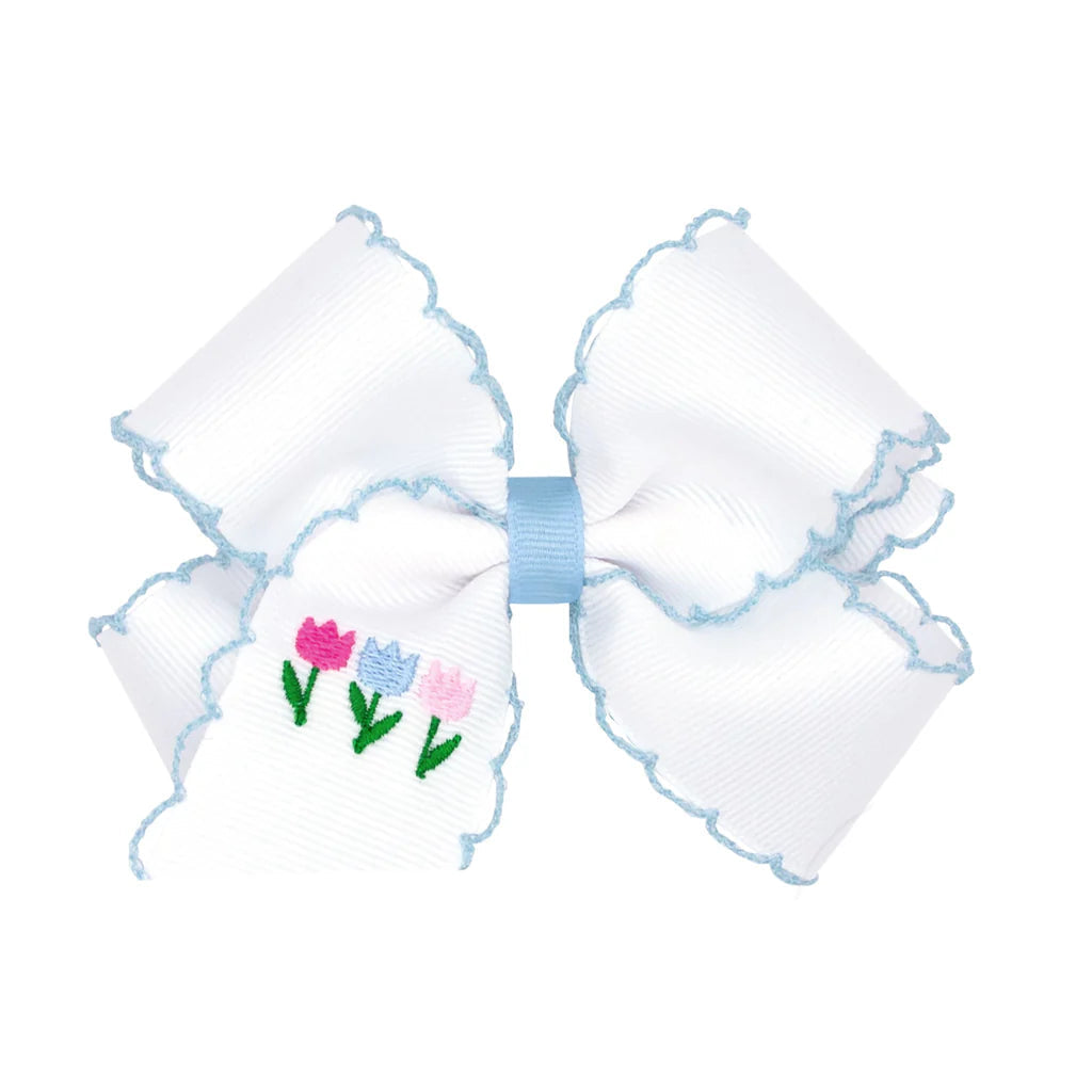 Wee Ones Medium White Grosgrain Bow With Moonstitch Edge - Tulips