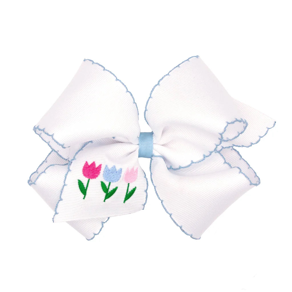 Wee Ones King White Grosgrain Bow With Moonstitch Edge - Tulips