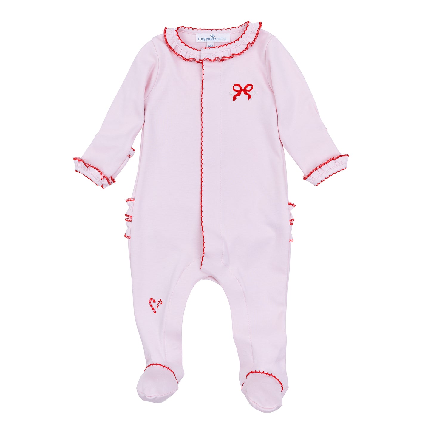 Magnolia Baby Candy Cane Lane Embroidered Ruffle Footie
