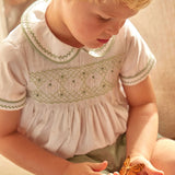 Hand Smocked Peter Pan Collar Short Sleeve Two Piece Set in Green