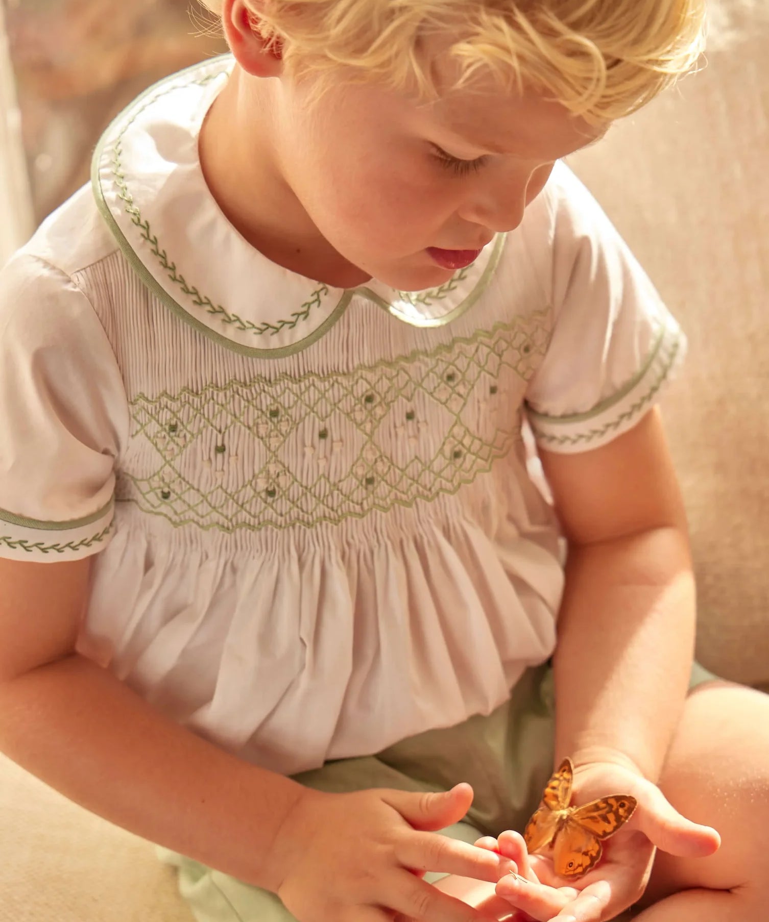 Hand Smocked Peter Pan Collar Short Sleeve Two Piece Set in Green