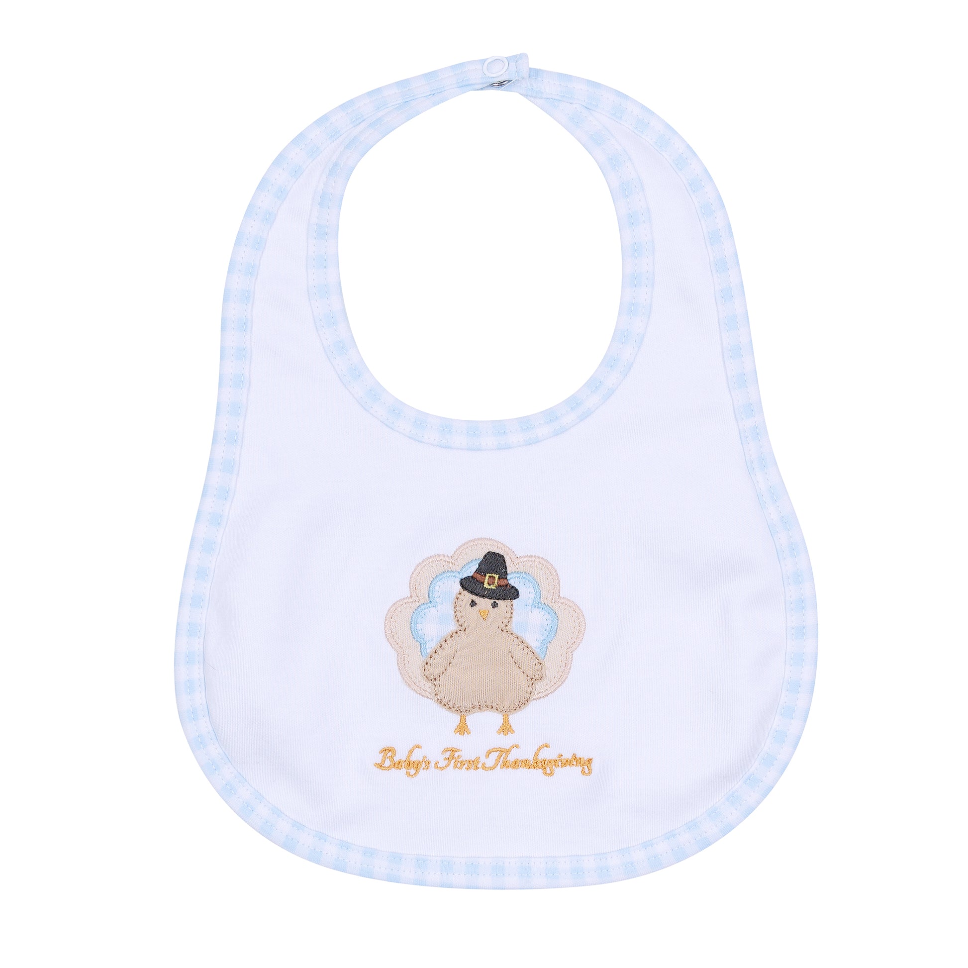 Magnolia Baby Pilgrim Pals Applique Baby's First Thanksgiving Bib- Light Blue