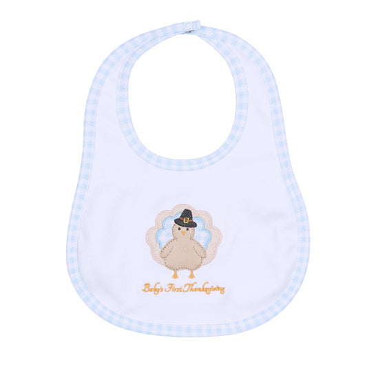 Magnolia Baby Pilgrim Pals Applique Baby's First Thanksgiving Bib- Light Blue
