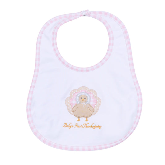Magnolia Baby Pilgrim Pals Applique Baby's First Thanksgiving Bib- Pink