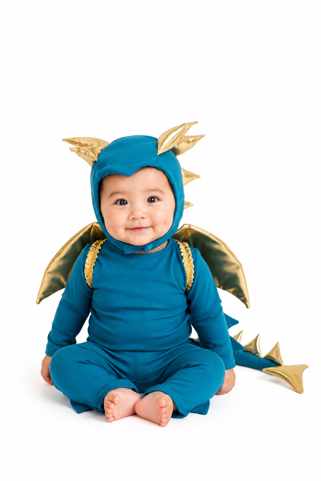 Baby wearing a blue dragon costume with gold accents on a white background