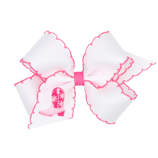 Wee Ones Medium Grosgrain Hair Bow With Moonstitch Edge- Hot Pink Cowgirl Boot