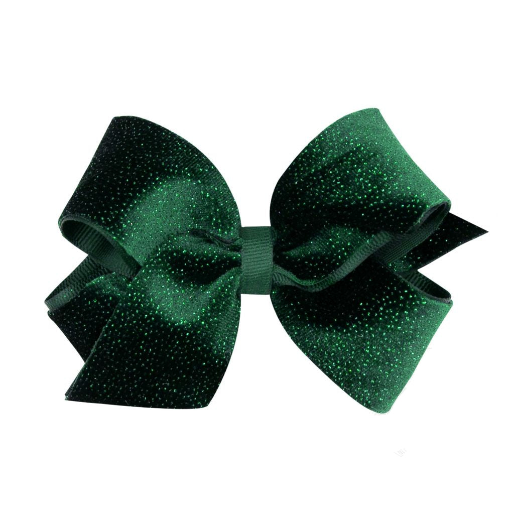 Wee Ones Medium Sparkle Velvet and Grosgrain Hair Bow- Forest Green