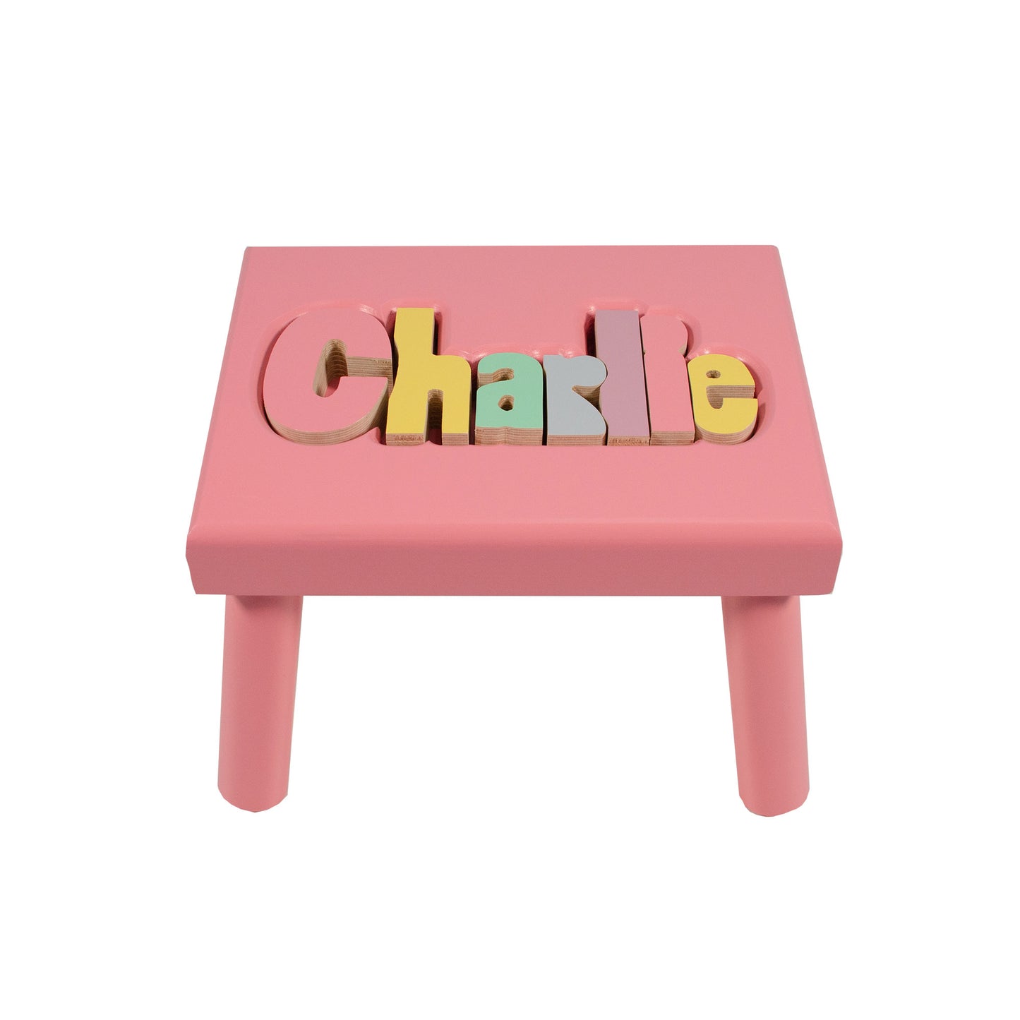 Name Stool 9-12 Letters - Pink w/ Pastel Color Letters