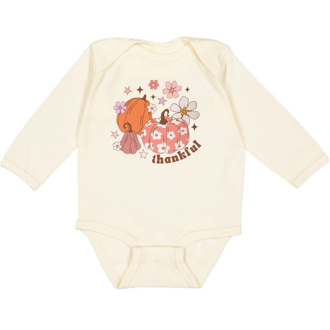 Sweet Wink Thankful Pumpkin Daisy Thanksgiving Long Sleeve Bodysuit - Natural